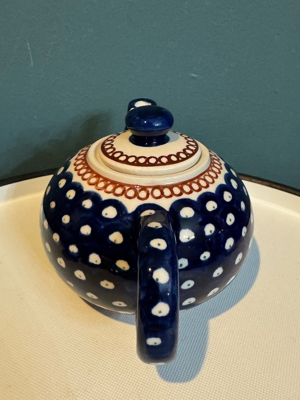Boleslawiec Polish Pottery Small Blue Peacock Polka Dot Teapot - Picture 2 of 8